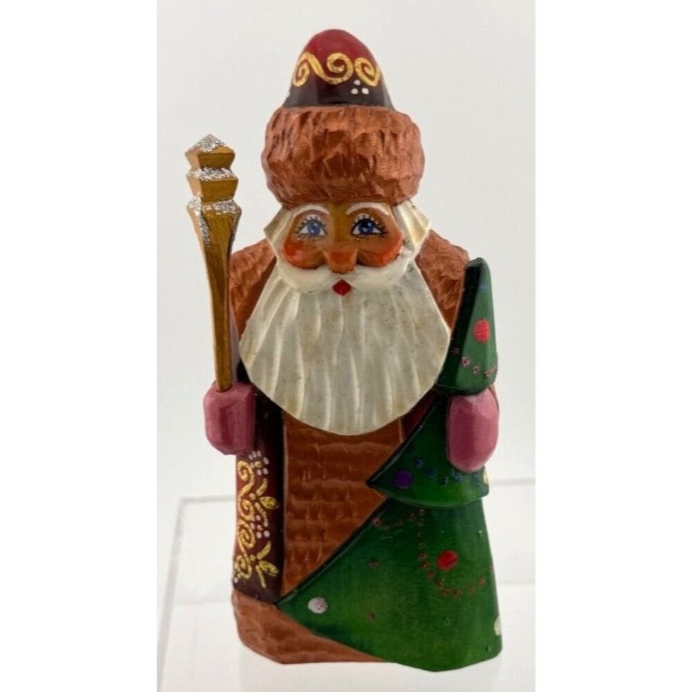 Hand Carved Russian Santa Ded Moroz Wooden Folk Art Figurine Signed Numbered 7"